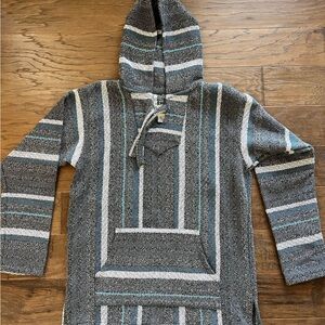Women's Gray and Blue Striped Hooded Pullover